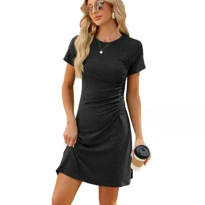 M / Black 2024 New Fashion Summer Best-Selling Women's Solid Color O-neck Shirt Dress Pleated Slim Fitting Short Sleeve Dresses