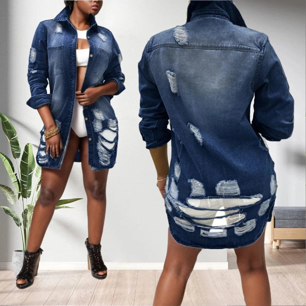 M / Black 20530-MX99 ripped design denim long Pocket women coats sehe fashion