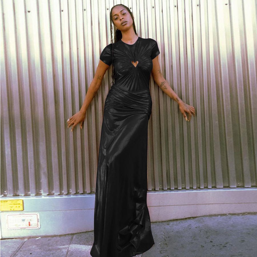 M / black 34463 Shiny Vintage Dress Elegant Lady Party Prom Wear Maxi Dresses Women