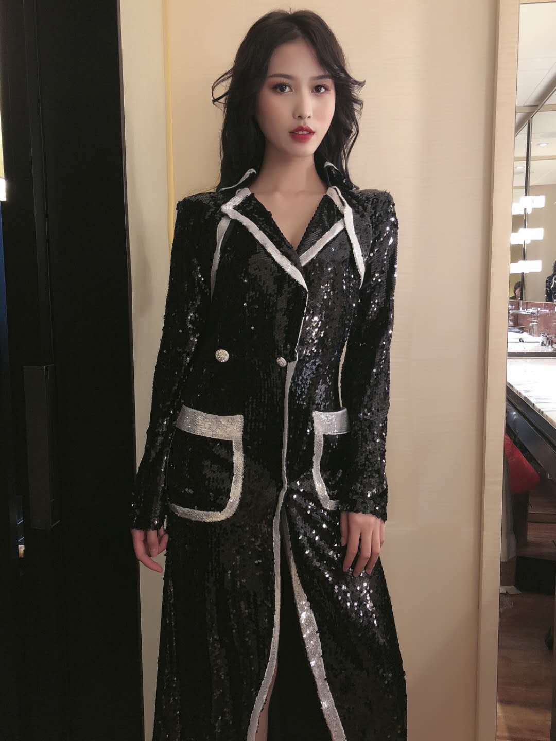 M / black A1935 new black sequins material beads women winter coat long sleeve wholesale instock