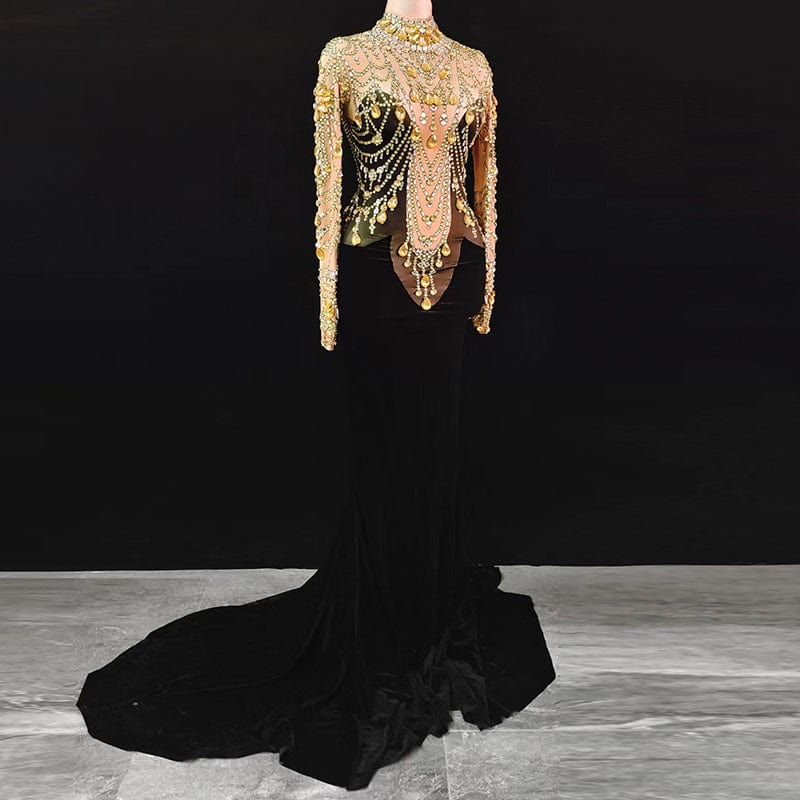 M / black AD1394 Kimshein Elegent Dinner Dresses For Ladies Rhinestone Mesh Long Robe Glittery Evening Prom Dress