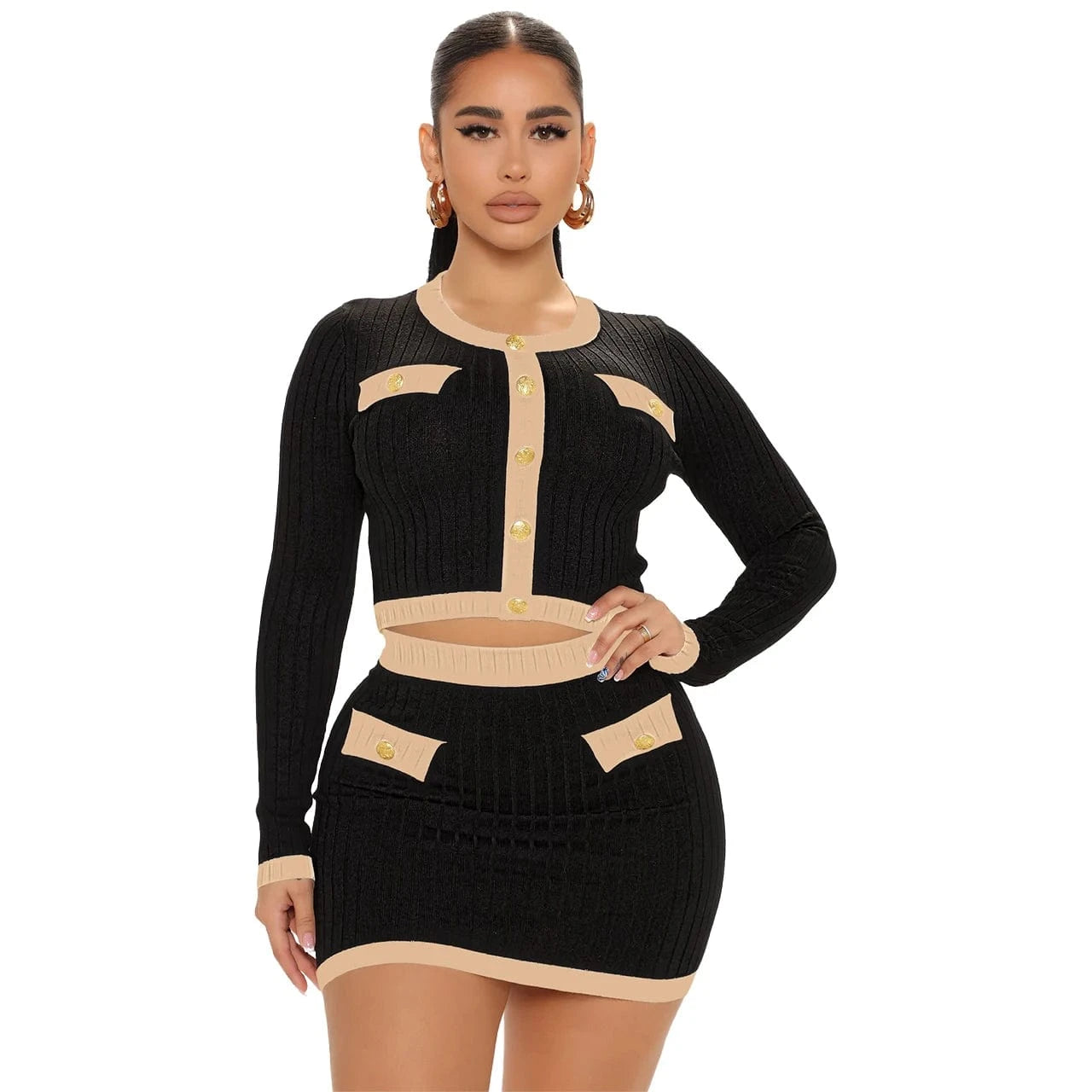 M / Black apricot Threaded crewneck, contrasting long sleeves, short skirt, small fragrance suit