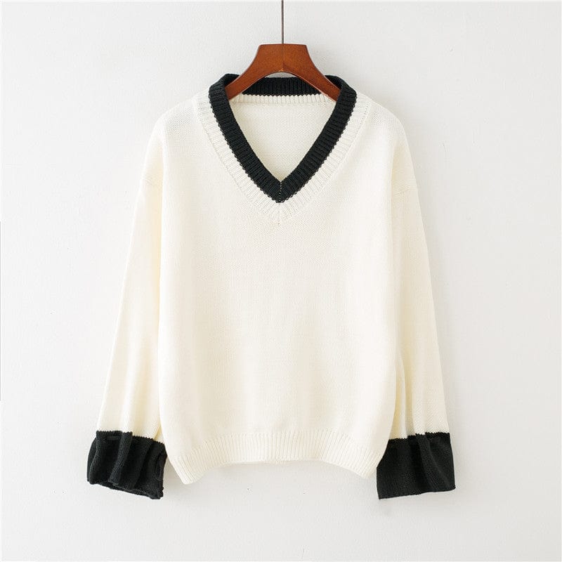 M / black Autumn Spring V Neck Trumpet Bell Flare Sleeves Korean Style Fashion Knit Women Loose Sweater Pullover Ladies Winter Jumper