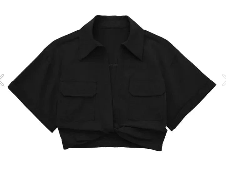 M / Black Available New Casual High Stretch Short Sleeve Shirts Vintage Cute Crop Top Women Blouses with Front Twist Knot