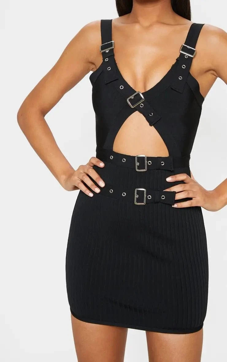 M / Black BA2365 New Bandage Dress Summer V Neck Hollow Out Sexy Bodycon Vestidos Culb Party Fashion Wrap Hip Evening Dresses For Woman