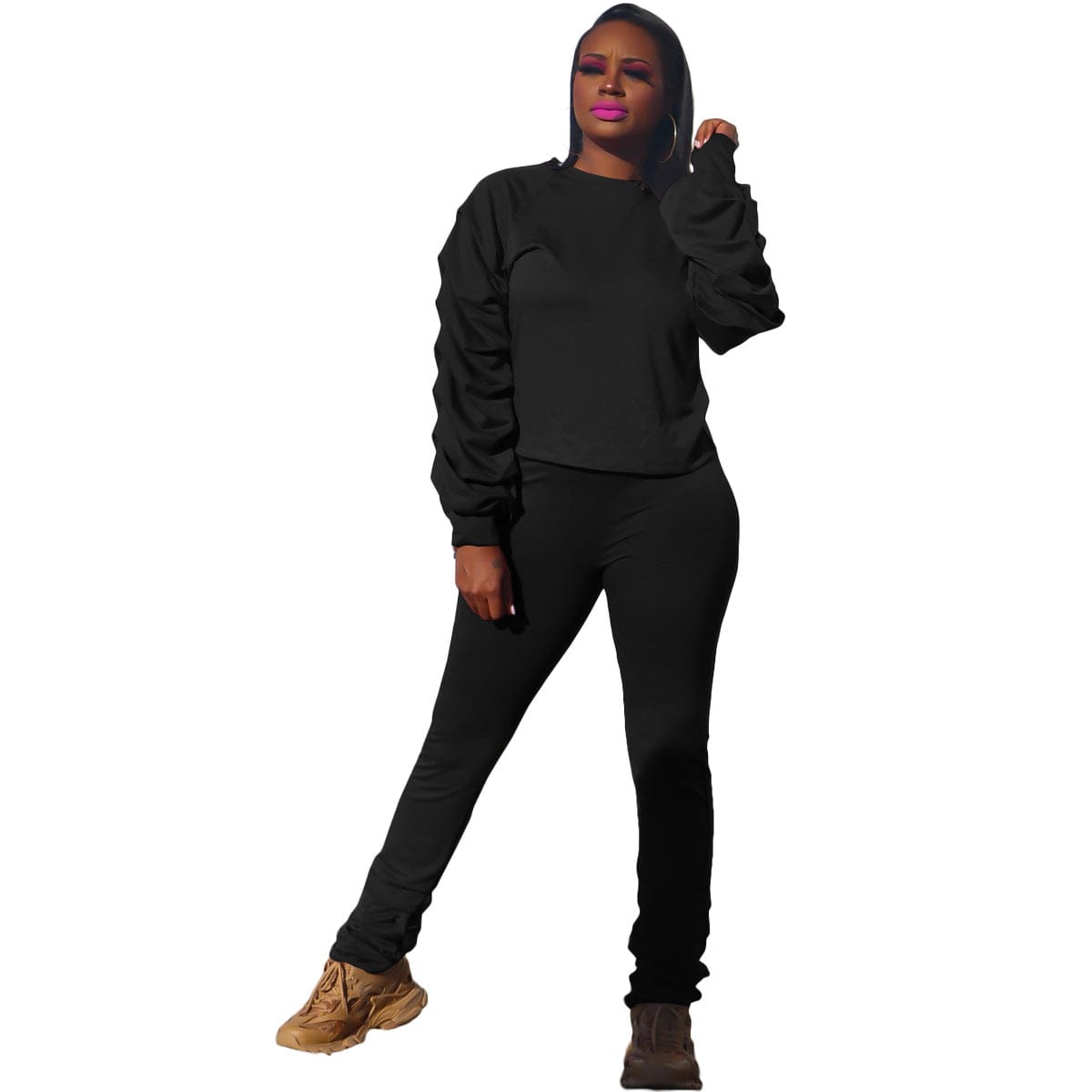 M / black C1102TA6 High Quality Casual Solid Color Pleated Two Piece Pants Set Women Sehe Fashion