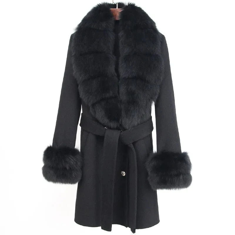 M / Black Cashmere Coat Women's Mid-Length 2023 Autumn And Winter New Fox Fur Collar Slim-Fit Woolen Coat