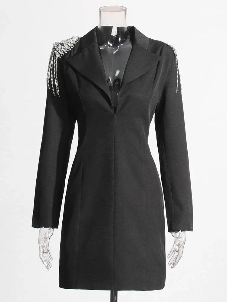 M / Black CHICEVER Casual Lady Elegant Spliced Diamonds Lapel Long Sleeve High Waist Blazer Dresses Women