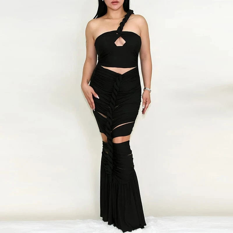 M / Black CHICEVER Elegant Lady Diagonal Collar Sleeveless High Waist Long Dresses Women Dress 2023