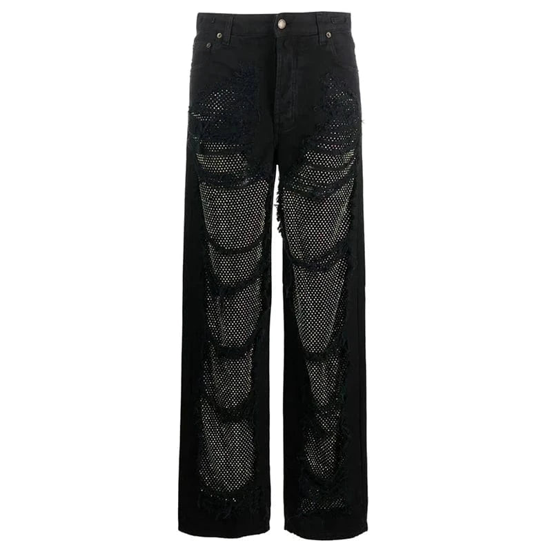 M / Black CHICEVER Fashionable Solid Color High Waist Patchwork Mesh Women Pants Jeans Trousers 2023