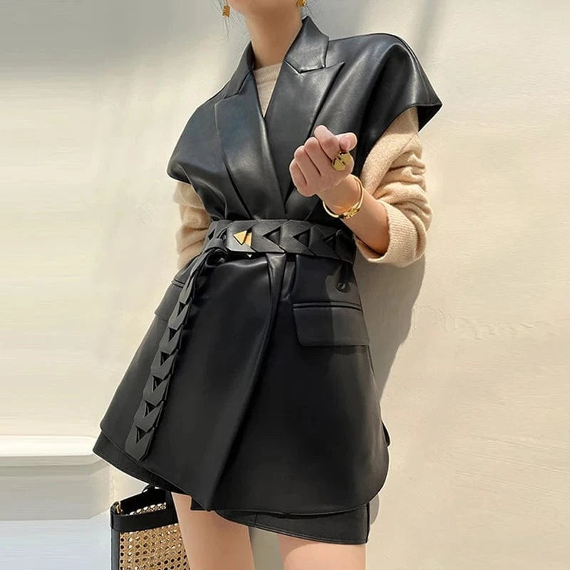 M / Black CHICEVER High Quality Solid Color Lapel Long Sleeve Leather Jackets For Women 2023