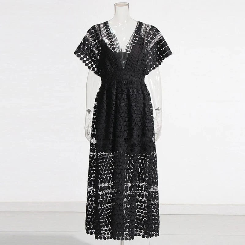 M / Black CHICEVER Open Front Backless Sexy Dress Women Lace Panel Hollow Out High V Neck Long Dress
