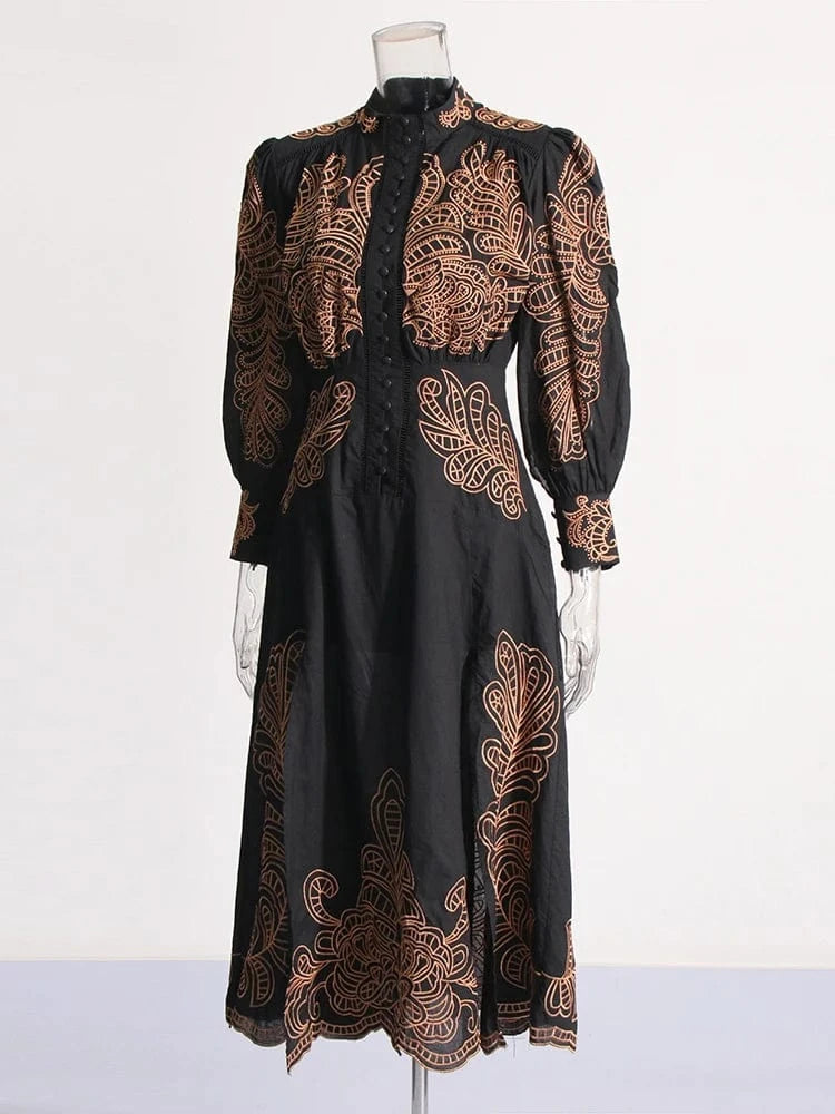M / Black CHICEVER Stand Collar Lantern Sleeve High Waist Long Sleeve Dresses Long Dress For Women