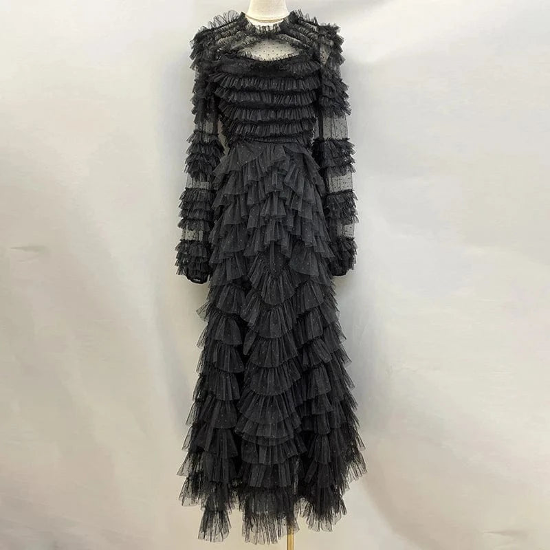 M / Black CHICEVER Temperament Patchwork Mesh Long Sleeve Dresses Woman Long Bodycon Dress