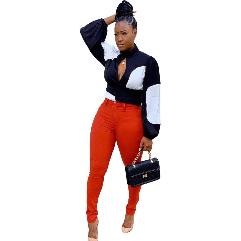 M / black Chiffon Tops For Women Office Trendy Patchwork Zipper Back Shirts Blouses For Ladies Bandage Fashion Sexy Western Top