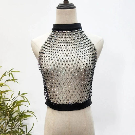 M / Black/Crystal AB Women Sexy Diamond Mesh Cover Up Tank Top Hollow Out Elastic Fishnet See Through Rhinestone Net Crop Top