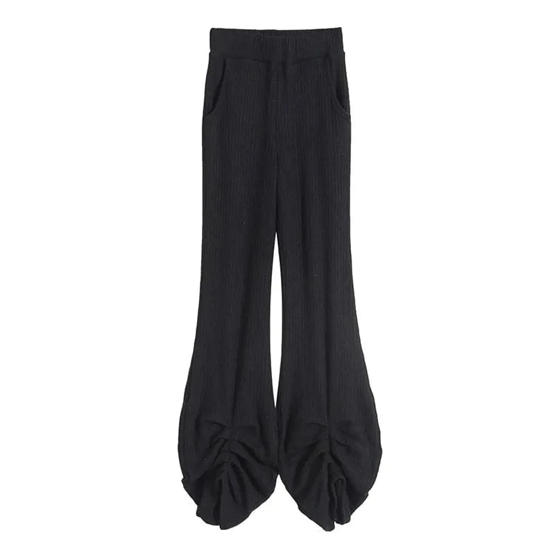 M / Black Custom High Quality Women Rib Trousers Office Slim Pile Up Flared Pants Elastic Waistband Female Trousers Women Joggers Pants