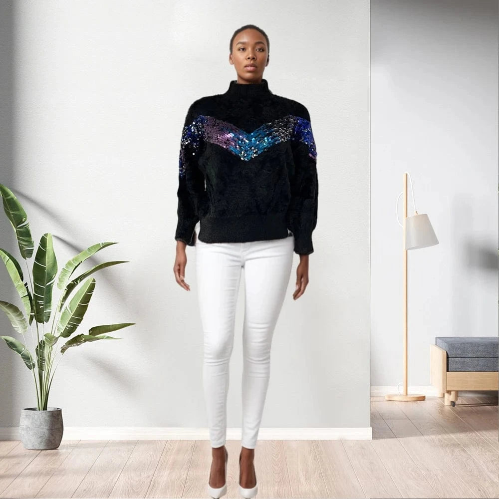 M / Black D1202ST23 Wholesale Ready To Ship Furry Long Sleeve Knitted Women Sweater Sehe Fashion