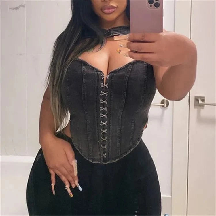 M / Black Denim Hollow Out Tank Top Women Y2K Spicy Girl 2023 Fashion Sexy Slim Fit Sleeveless Basic Corset Top