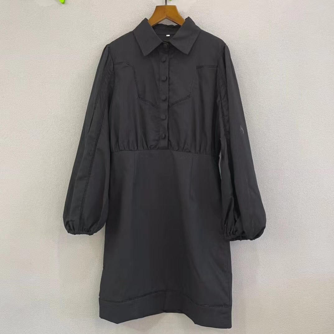 M / black Dropshipping Womans Clothes One Pice Dress White Black Long Sleeve High Waist Midi Semi Formal Shirt  Dresses With Belt