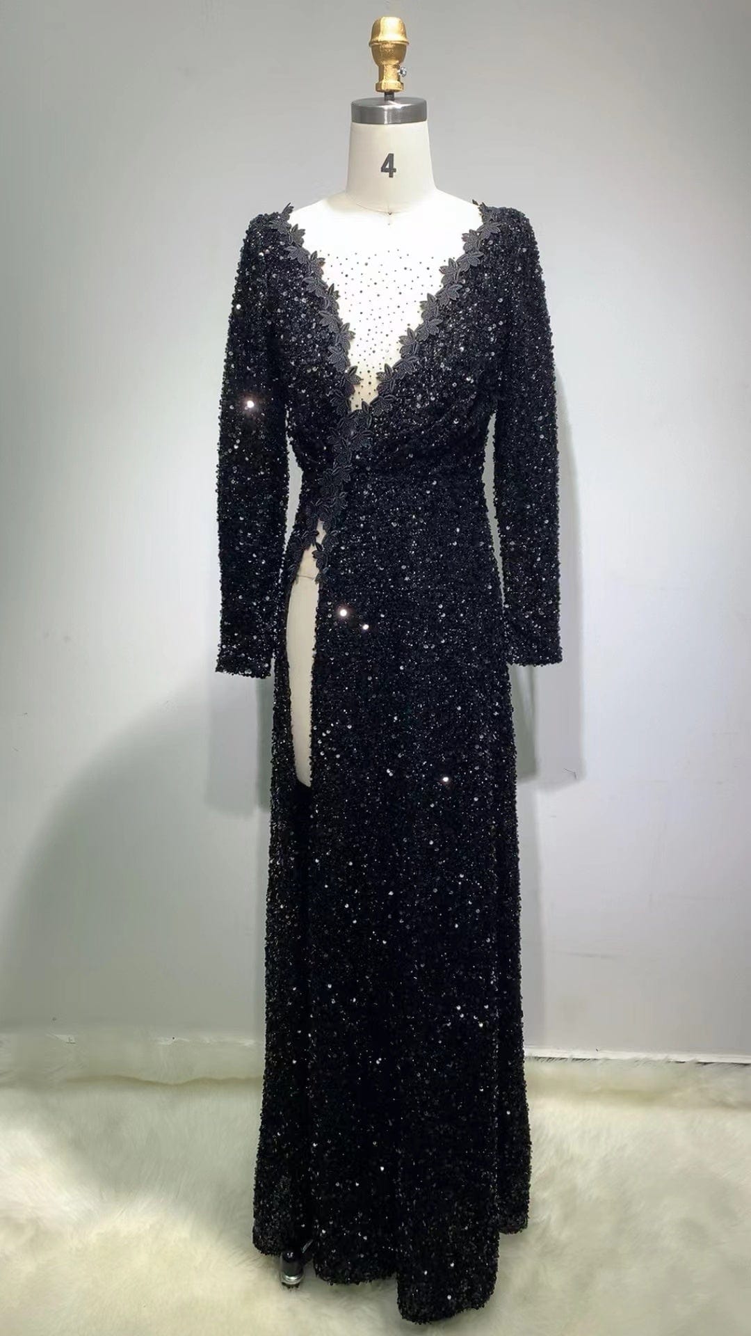 M / black ED2222 Kimshein Decent Dresses For Ladies Images Luxury Black Sequin Applique Mesh Beading High Split Dress Party