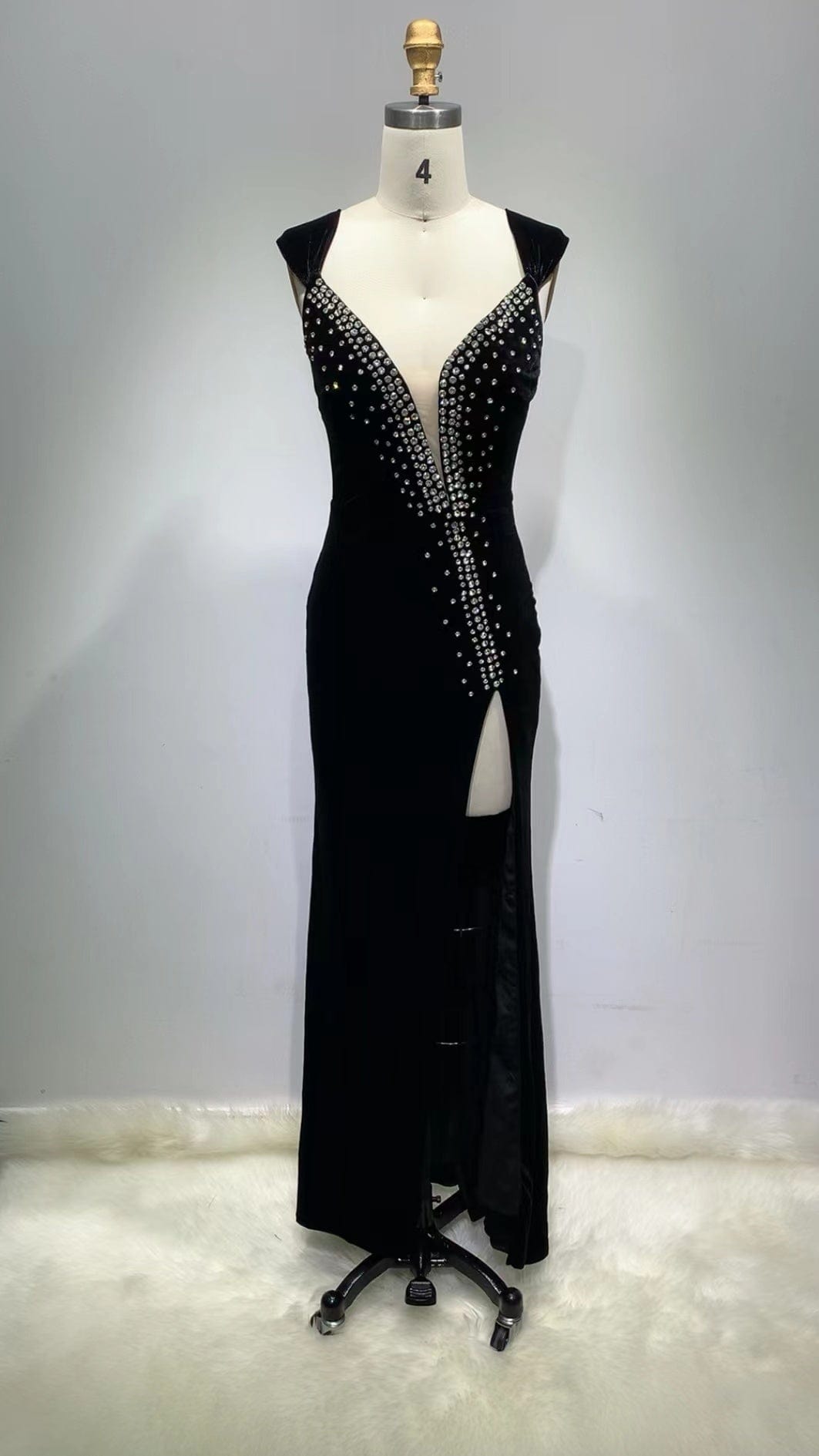 M / black ED2290 Kimshein  Black Trending Dresses Women Sexy V Neck With Crystal Mesh Hollow Out High Split Elegant Dress Party