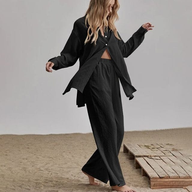 M / black Elegant Loose Women Shirt Trouser Suits Long Sleeve Lapel Shirts And Elastic High waist Pants 2 Pieces Set Fashion Office Outfit