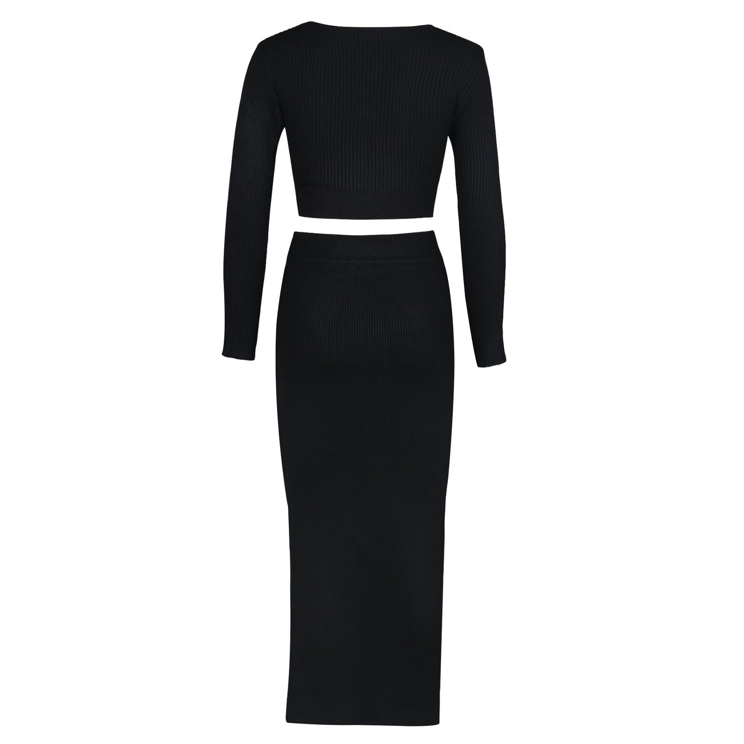 M / black Factory women clothing foreign solid color long-sleeved sweater knitting fashion sexy split long skirt 2 pieces women set