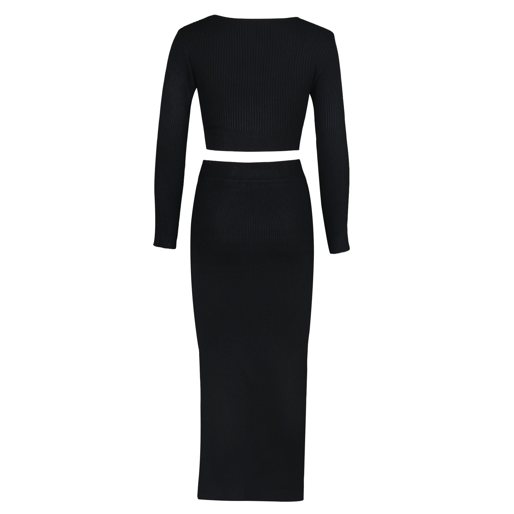 M / black Factory women clothing foreign solid color long-sleeved sweater knitting fashion sexy split long skirt 2 pieces women set