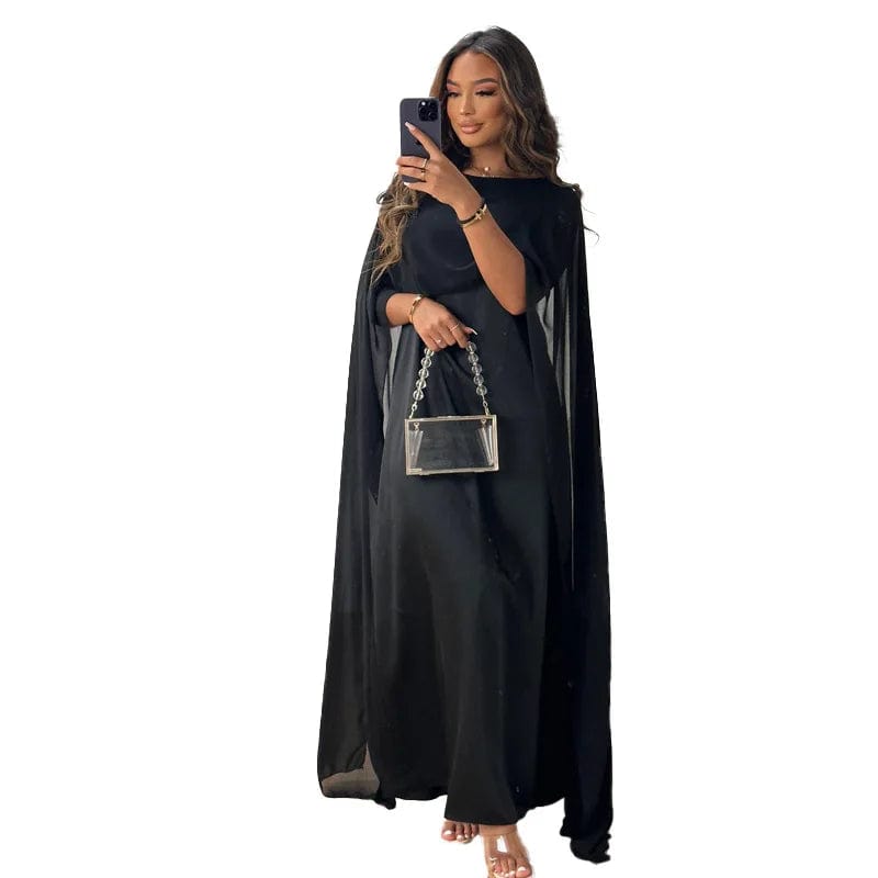 M / Black Fall 2023 Muslim Women Vintage Fashion Clock Long Sleeve Loose Robe Ladies Casual Party Evening Chiffon Long Maxi Dress Vestidos