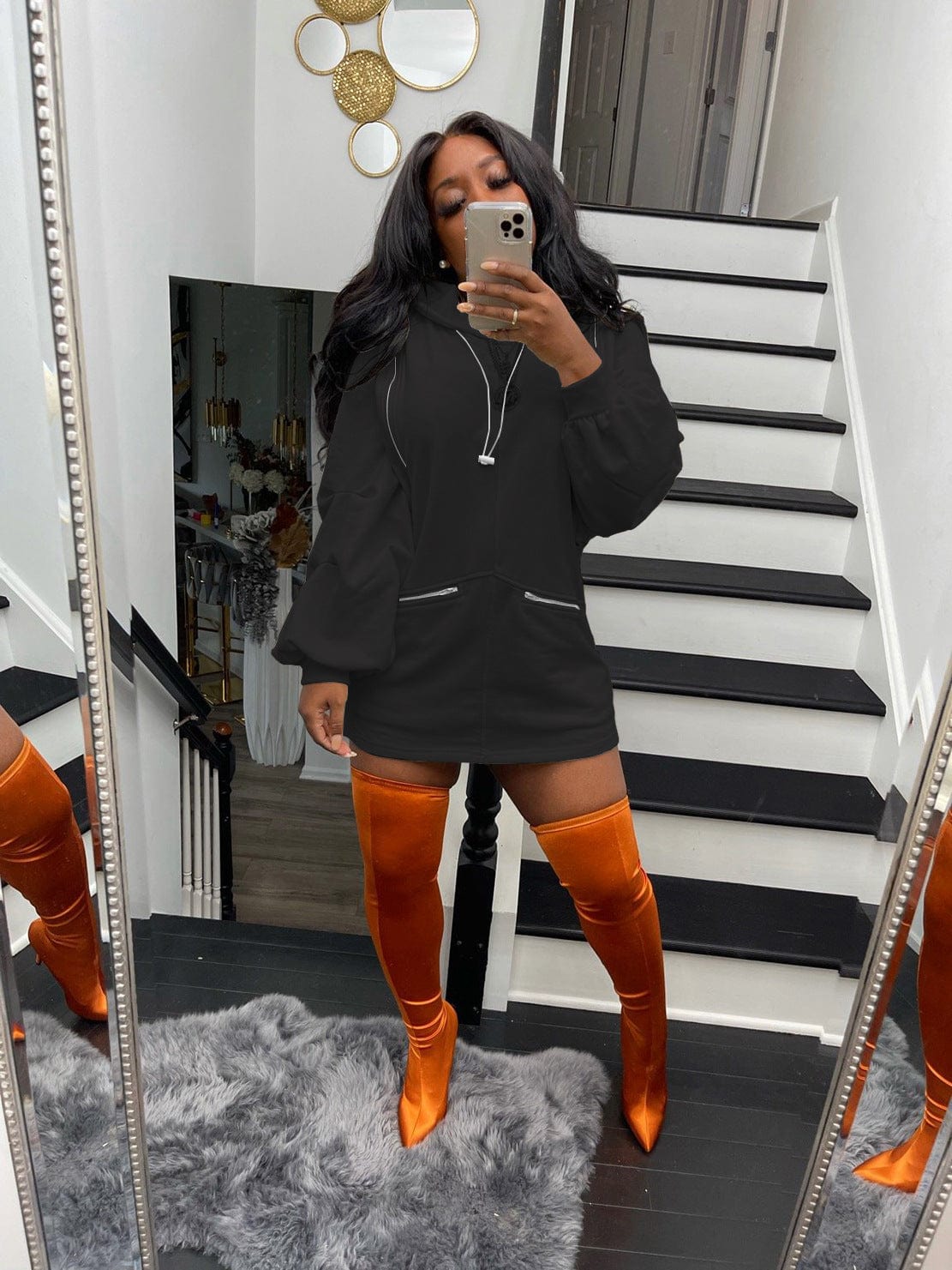 M / black Fall Trendy Zipper Solid Color Hooded Pullover Sweater Women Casual Hollow Out Solid Midi Sweatshirt Dress