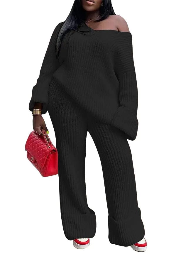 M / Black Fall Winter Female Two 2 Pieces Clothing Sets Casual V Neck Loose Knit Pullover Sweater Pant Sets For Women