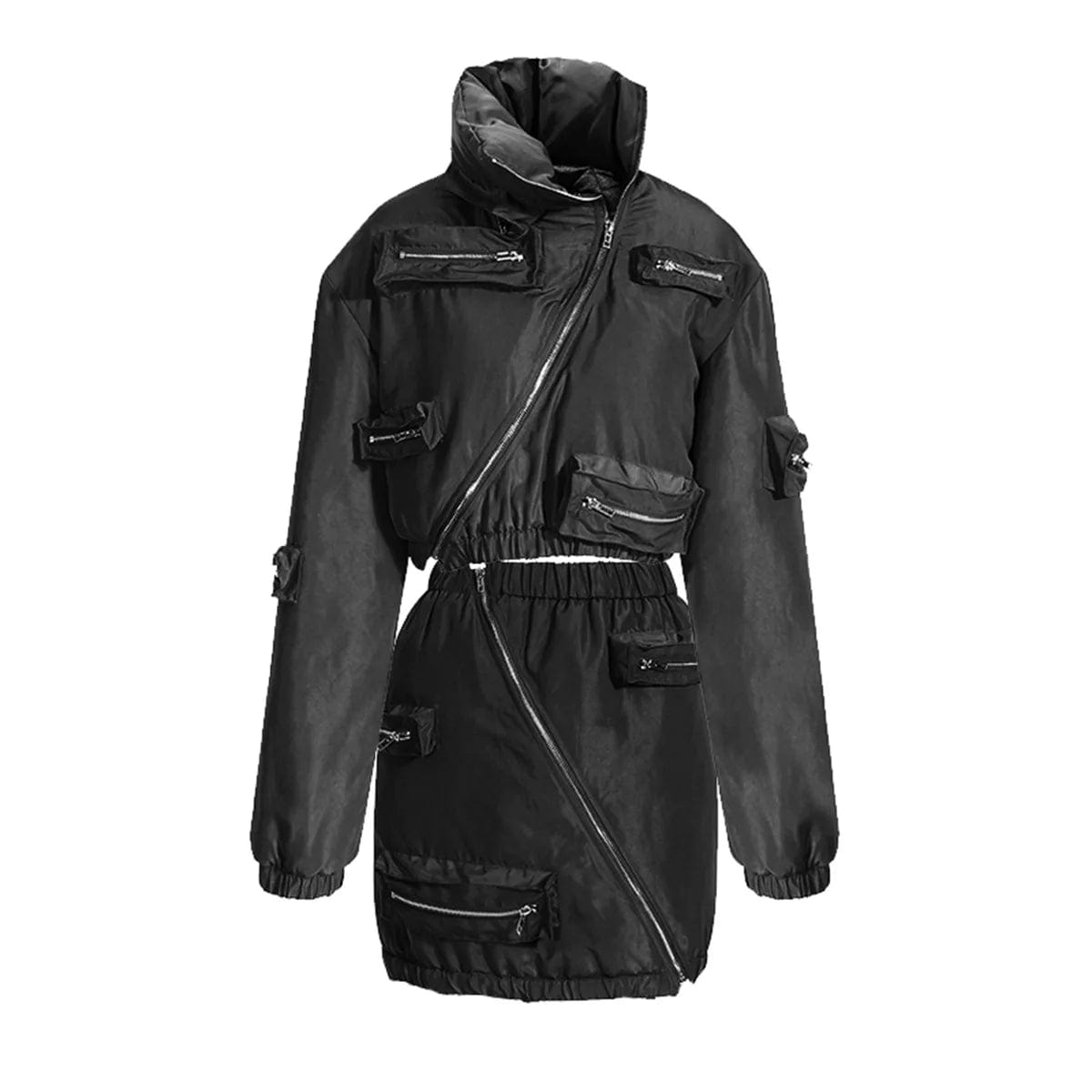M / Black Fall Winter Ladies Zipper Crop Puffer Coat Jacket With Mini Cargo Skirts Sets Women Sexy 2 Piece Outfit