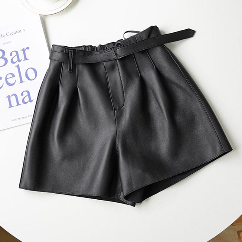 M / black Fashion Loose Wide Leg Leather Shorts Women High Waist Genuine Leather Shorts