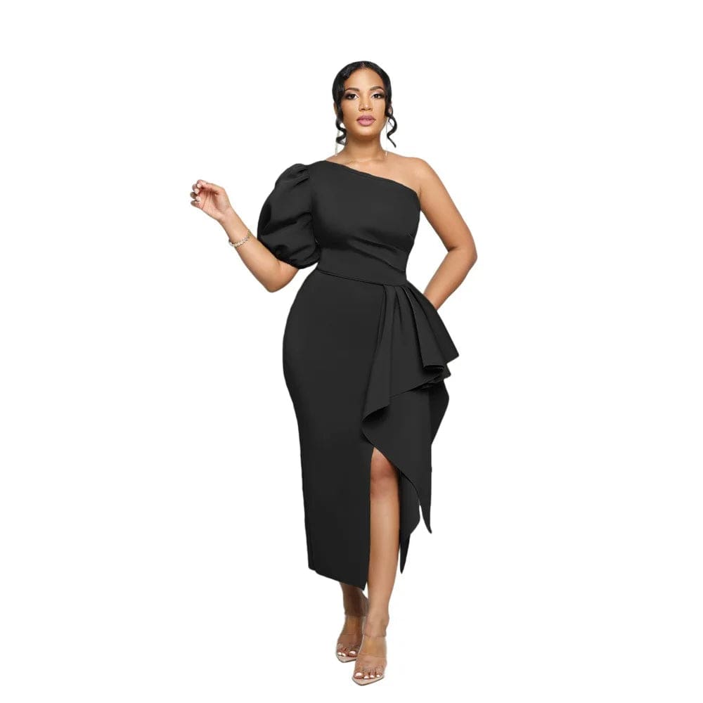 M / Black Fashion  One Shoulder  Bubble  Sleeve Slim-Fit  Women's Dress