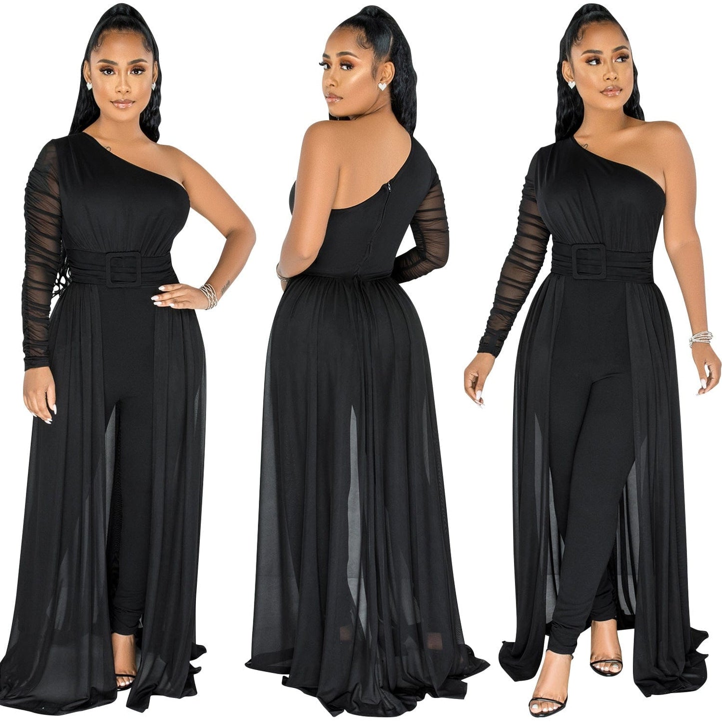 M / black Fashion women's solid color sexy mesh gauze perspective single shoulder diagonal collar long sleeve ladies pant jumpsuit women