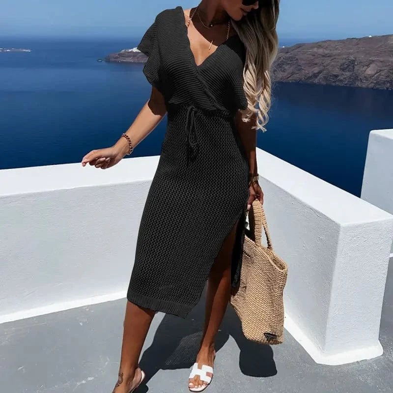 M / Black Fashion Women Sexy Flounce Sleeve Dresses Hollow Out Knit Crochet Cover Up BeachBikini 2023