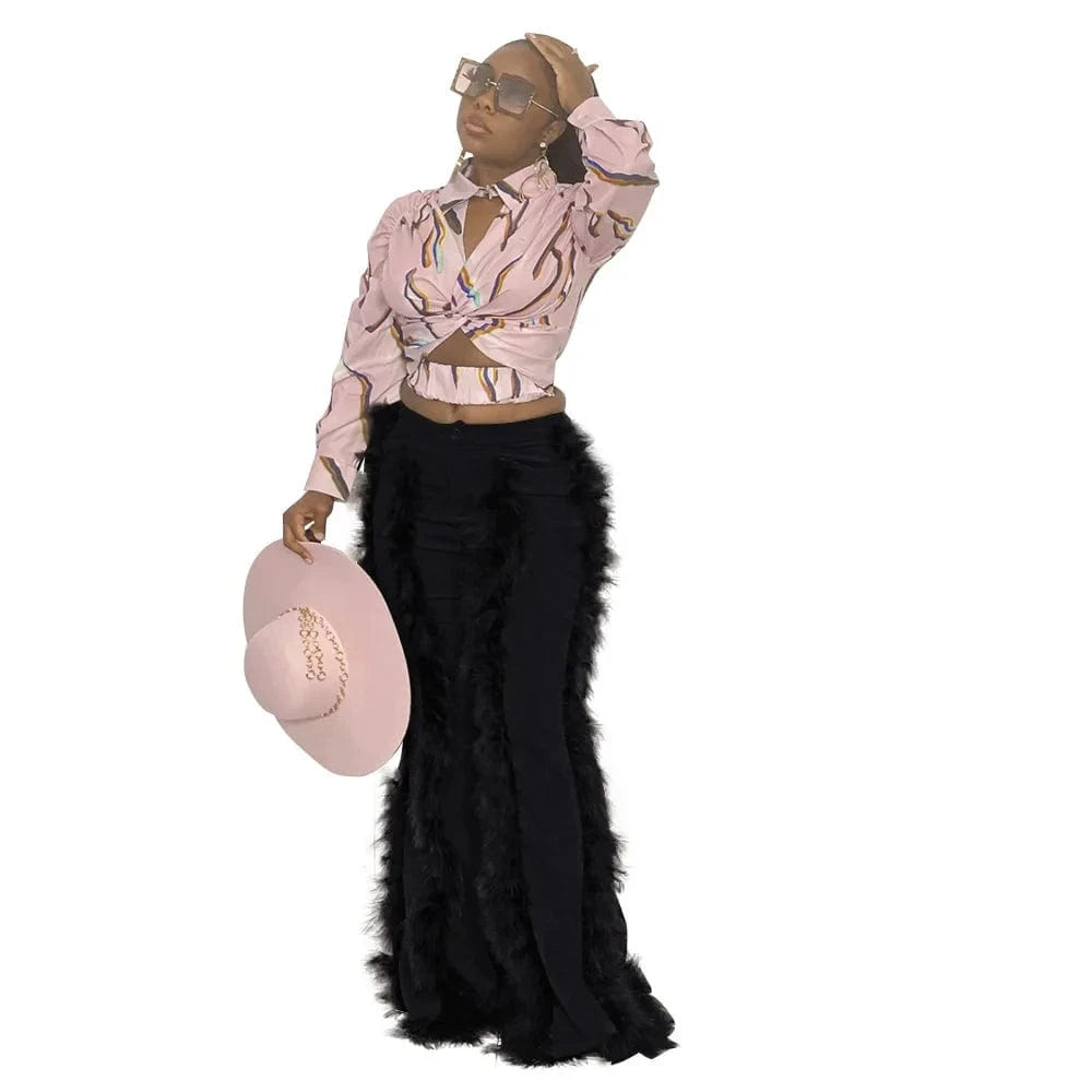 M / Black Feather Trendy Fringe High Bottom Corduroy Pants Flare Women Velvet Flare Pants Fringe Tassel Women Pants Wide Leg