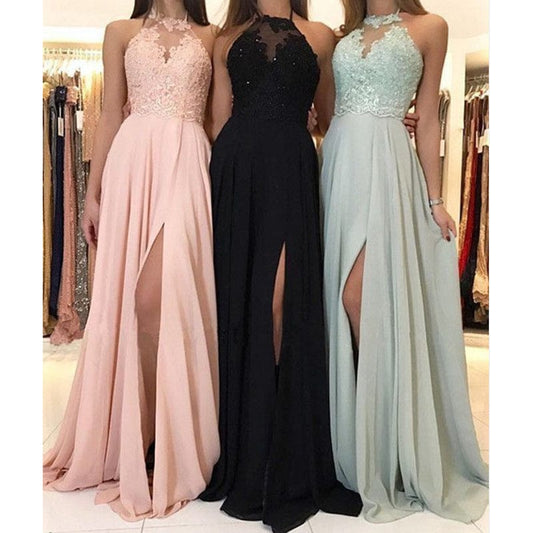 M / black / Floor Length Hot selling high quality long prom dress applique halter sleeveless split chiffon girls bridesmaid dresses