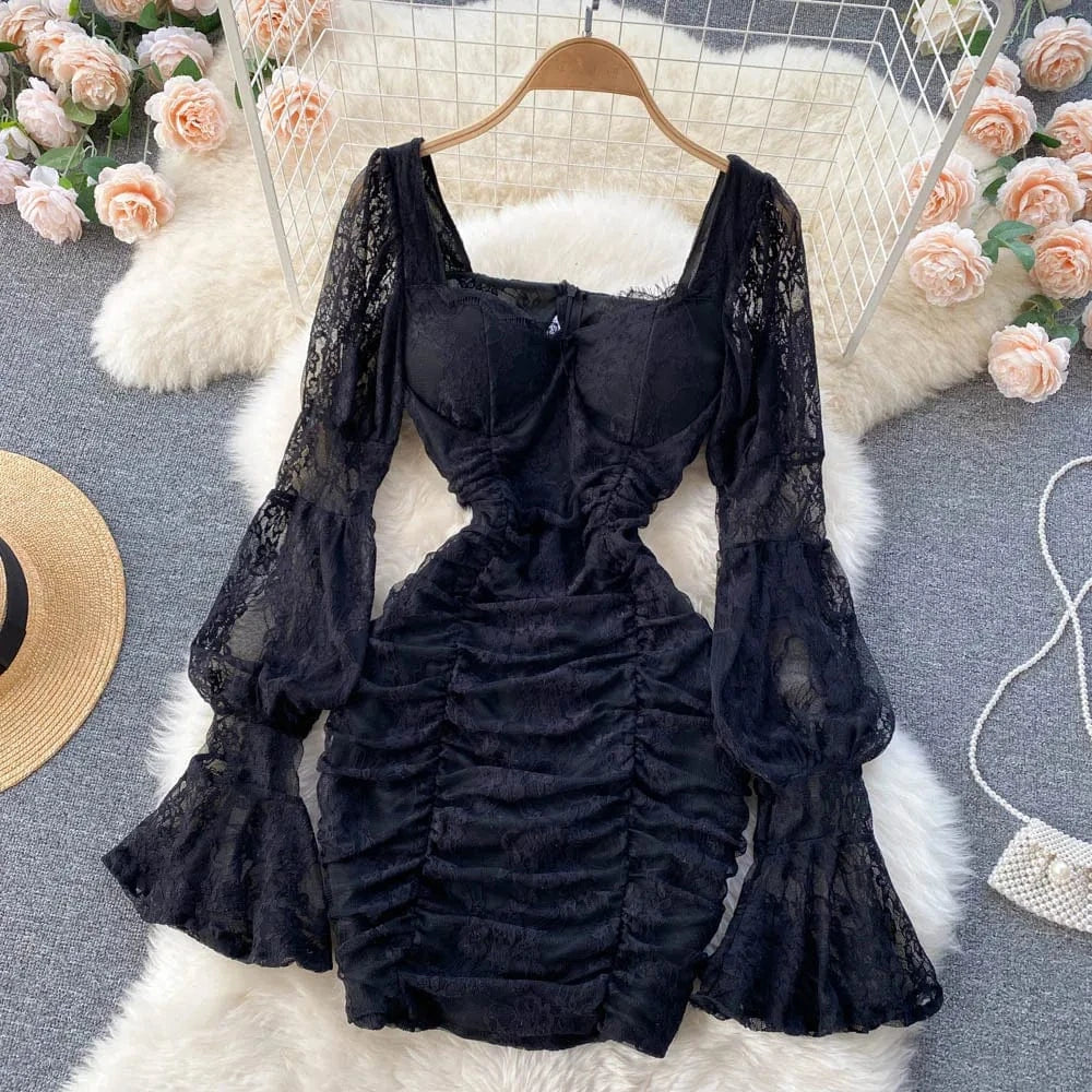 M / Black French Square Neck Lace Sheer Lantern Sleeve Skinny Mini Short Dress