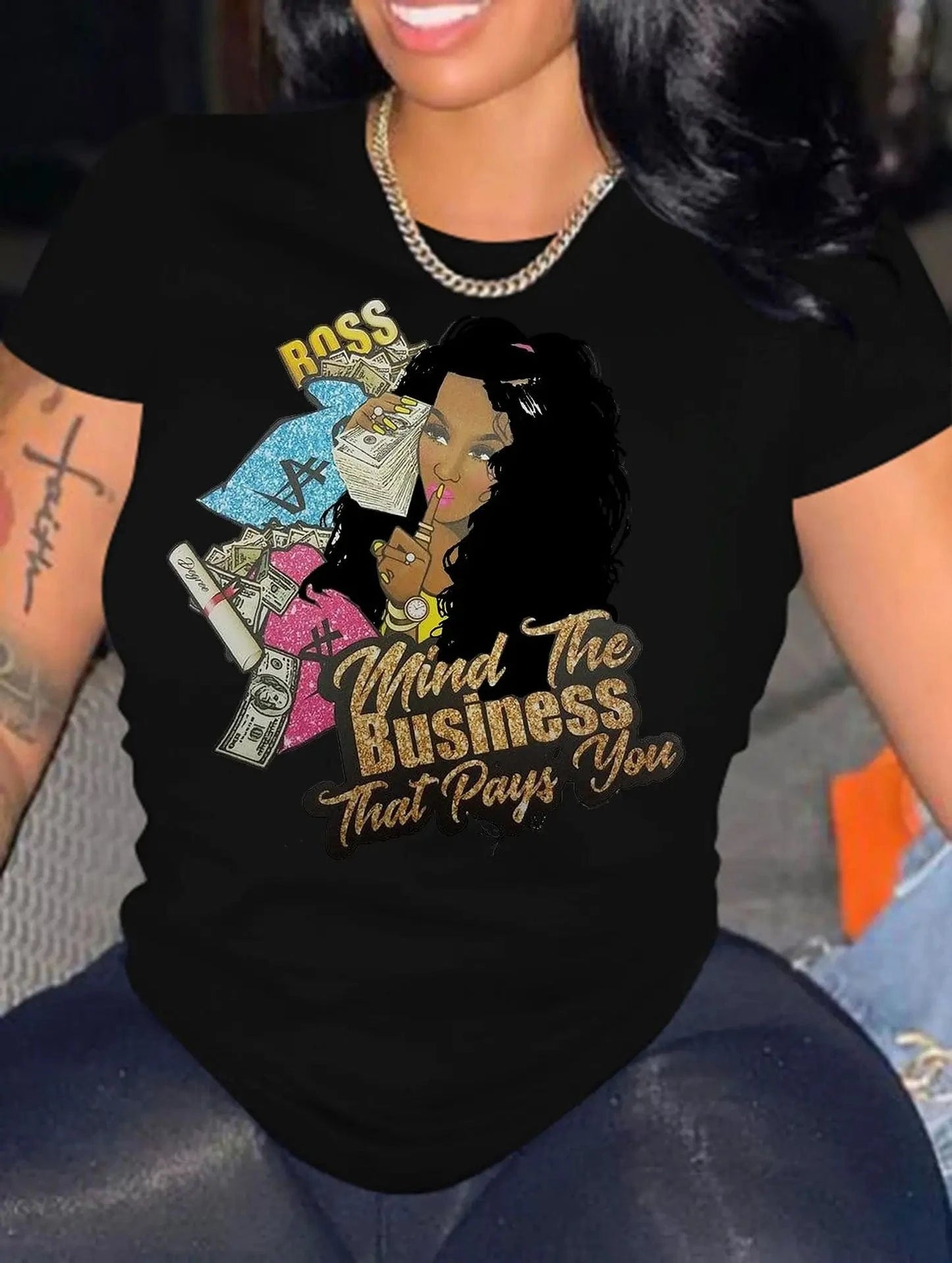 M / Black(girl printed) Summer 100%cotton Short Sleeve Printed T shirt Girl Graphic Letters Print Women Tops