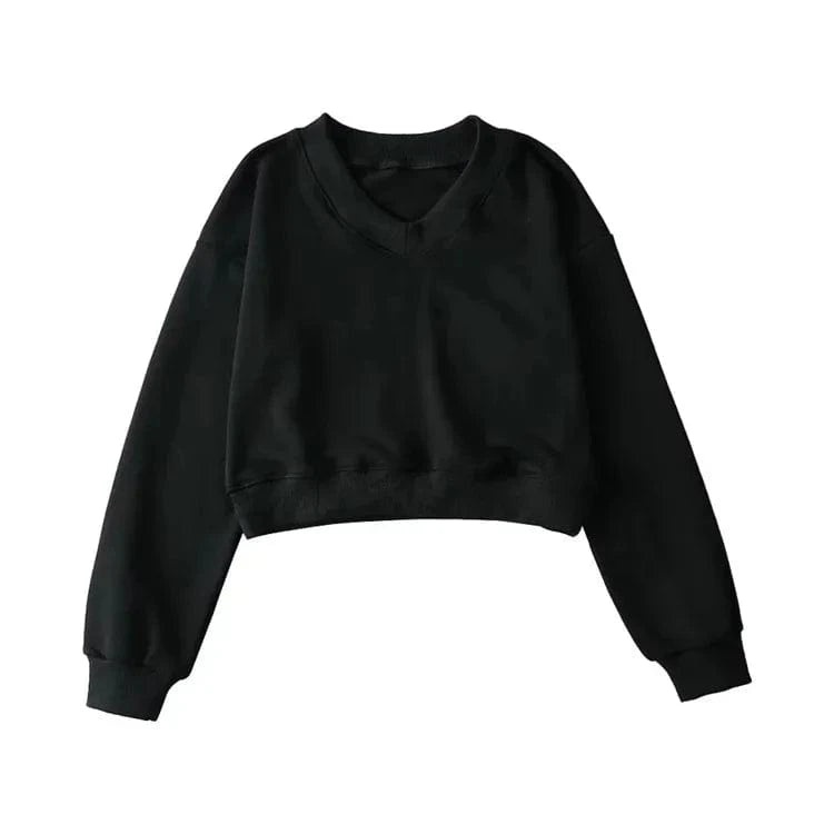 M / Black High Quality Women's Hoodies & Pullover Cotton Fleece V neck long sleeve rib hem Crop Top Custom logo for women's hoodie