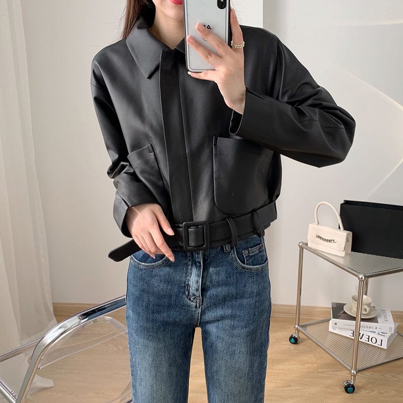 M / black High Quality Women Solid Color Cropped Genuine Sheep Leather Jacket with Belt