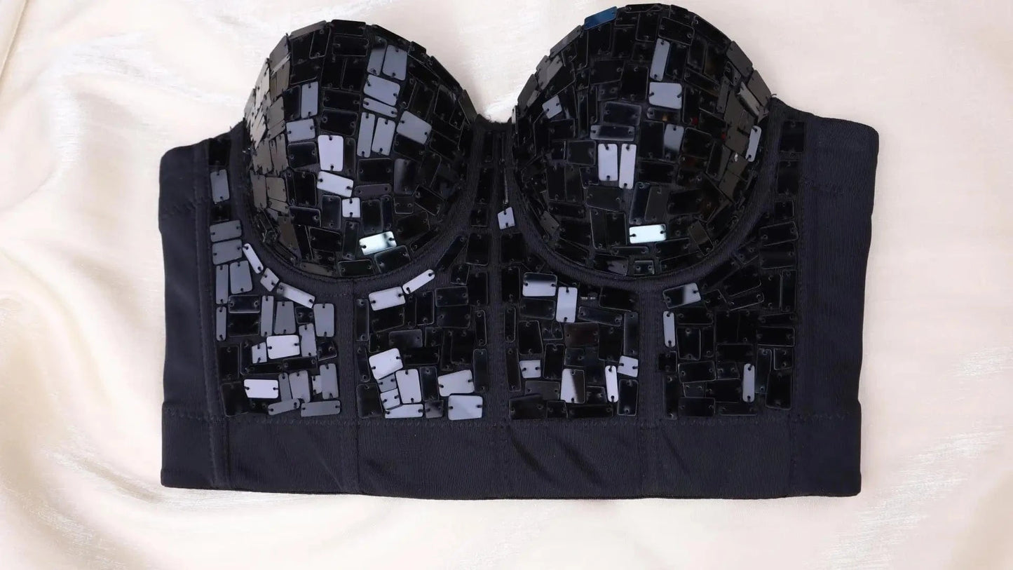 M / Black Hot Sales Women Rhinestone Diamond Corset Top Square glass Crystal Bodycon slings Bra Top