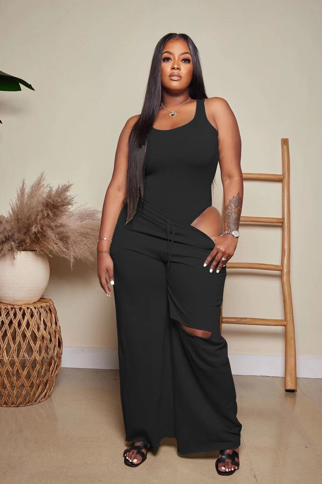 M / black J&H 2023 new arrivals tank top and wide leg pants 2 piece set ladies plain outfits slim fit casual wear