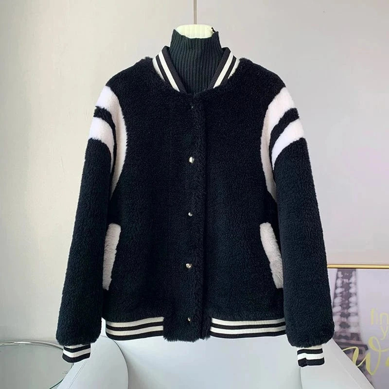 M / Black JT3278 Women's Sheep Shearling Warm Baseball Coats Lady Lamb Wool Fur Jacket Winter Overcoat
