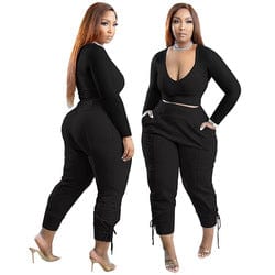 M / black kc fall women clothes S-5XL casual long sleeve U neck top and joggers 2 piece pants set fashion sweatsuit