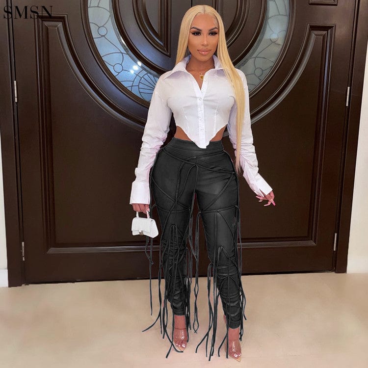 M / black Latest Design Solid Color Fringed Zipper Leather Pants Casual Pants For Women