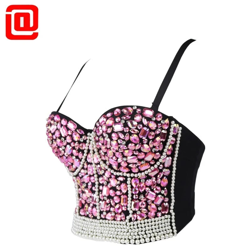 M / Black Light Pink Custom Fashion Ladies corsets tops Pink Diamond encrusted Vest style Sling corset for women's