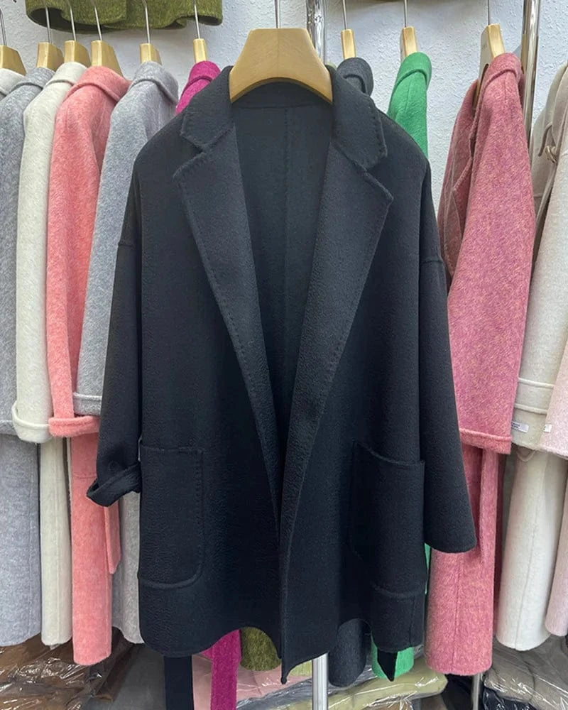 M / Black Luxury Double Sided 100% Wool Coats Custom Design Water Ripple Wool Cashmere Coat for Women